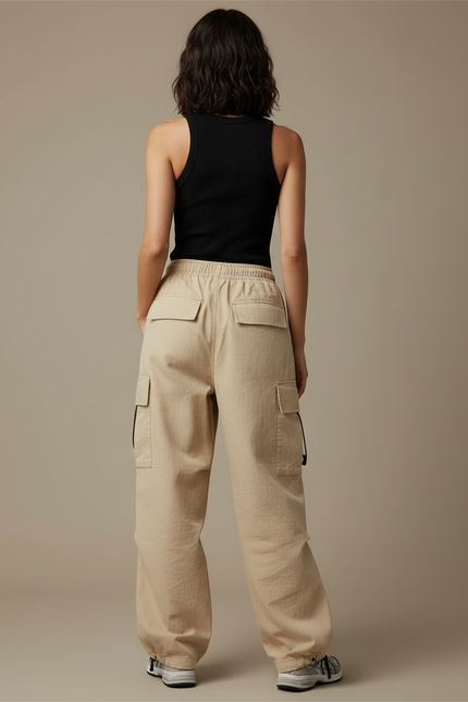 Pantalon Cargo Beige Ample Décontracté Cordon Femme - Toile - vue 2