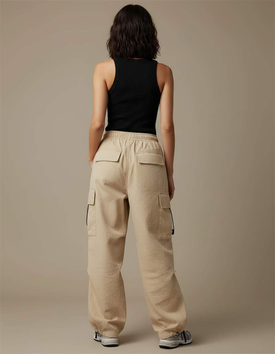 Pantalon Cargo Beige Ample Décontracté Cordon Femme - Toile - vue 2