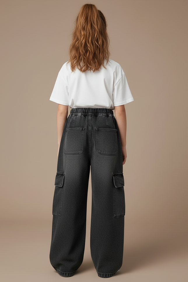 Pantalon Cargo Denim Ample Multipoches Fille - Gris Jean - vue 2