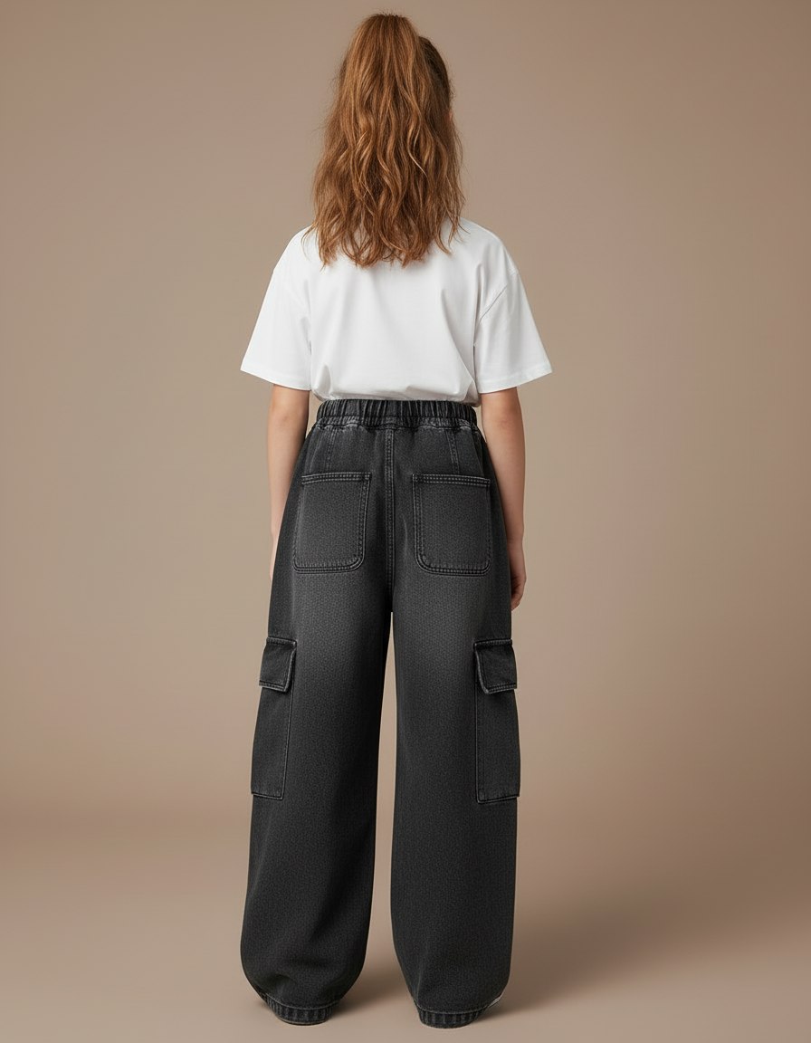 Pantalon Cargo Denim Ample Multipoches Fille - Gris Jean - vue 2