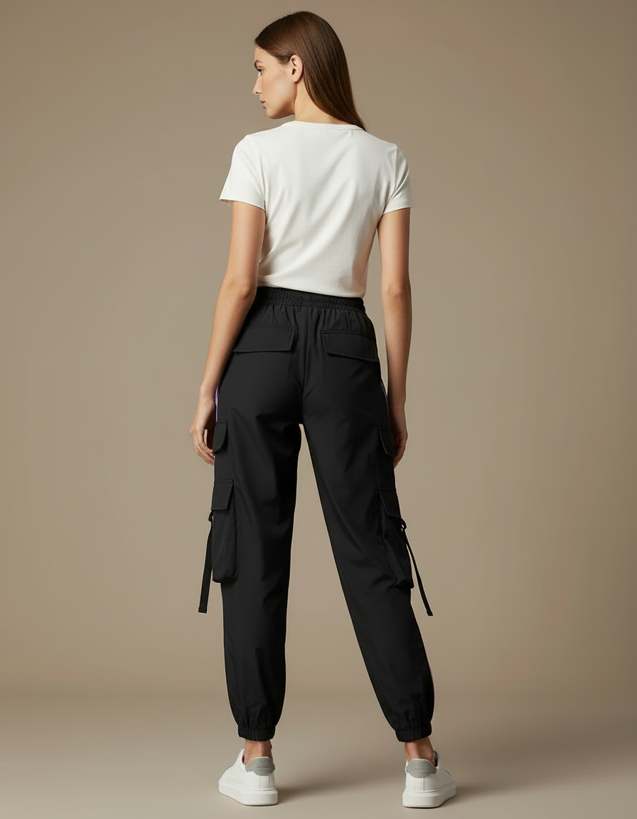 Pantalon Cargo Noir Violet Fluide Multipoches Femme - Polyester - vue 2