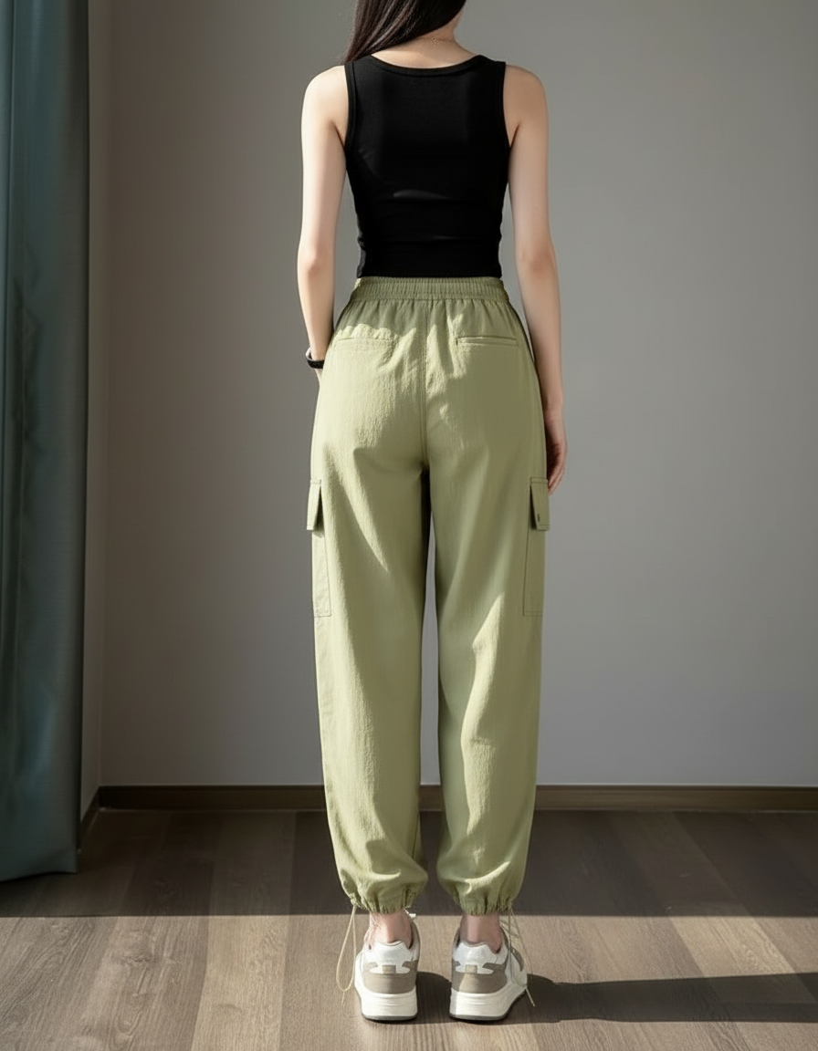 Pantalon Cargo Vert Large Ample Casual Femme - Polyester - vue 2