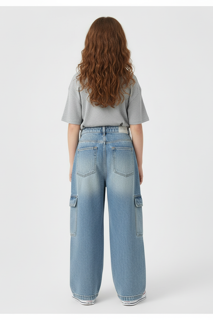 Pantalon Cargo Denim Ample Poches Latérales Enfant - Bleu Jean - vue 2