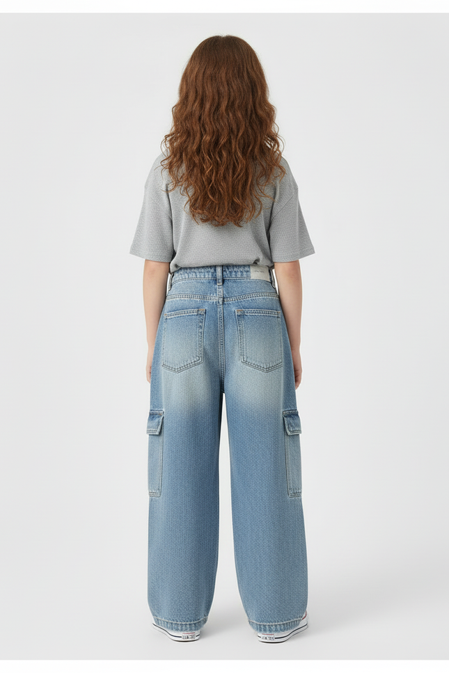 Pantalon Cargo Denim Ample Poches Latérales Enfant - Bleu Jean - vue 2