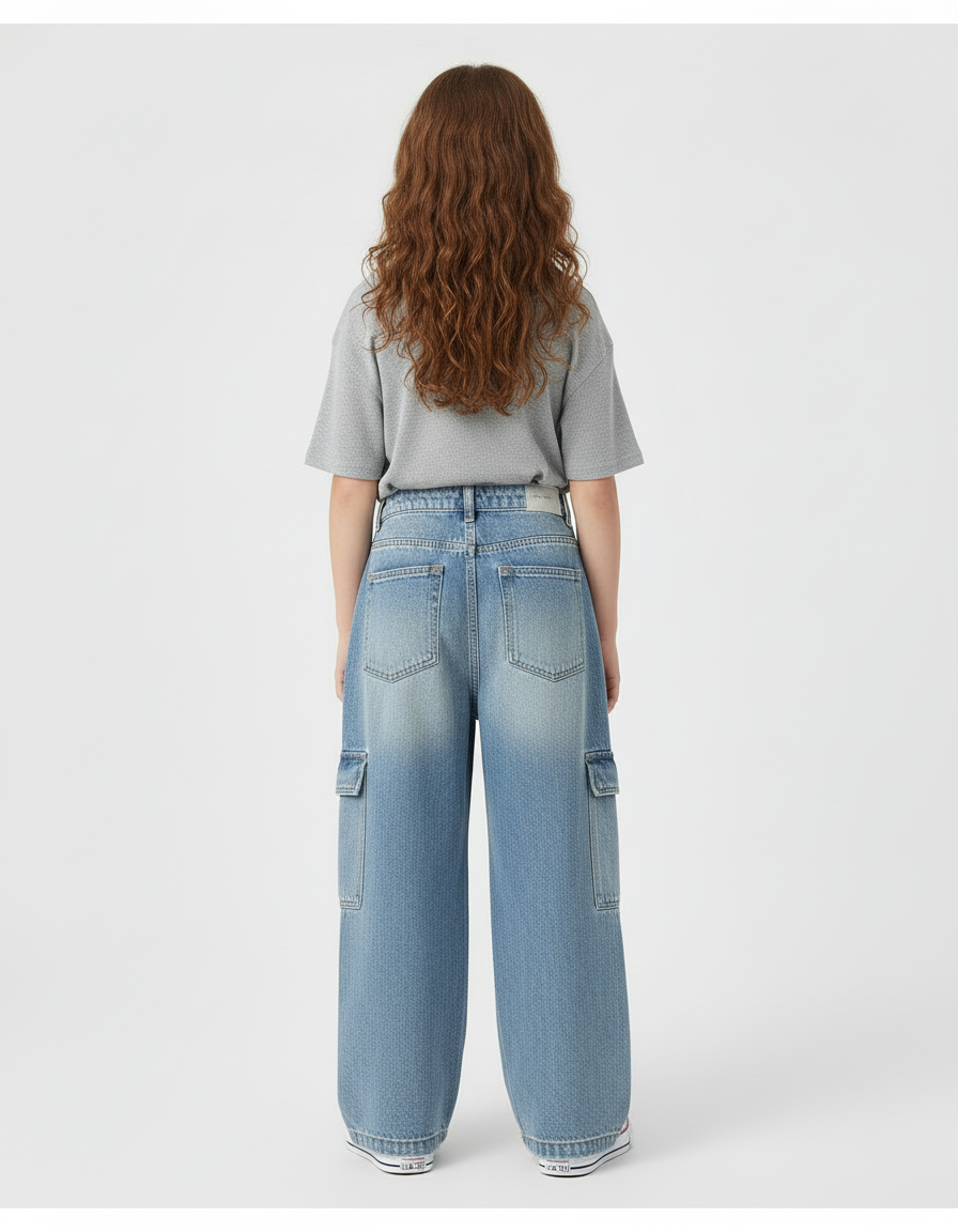 Pantalon Cargo Denim Ample Poches Latérales Enfant - Bleu Jean - vue 2