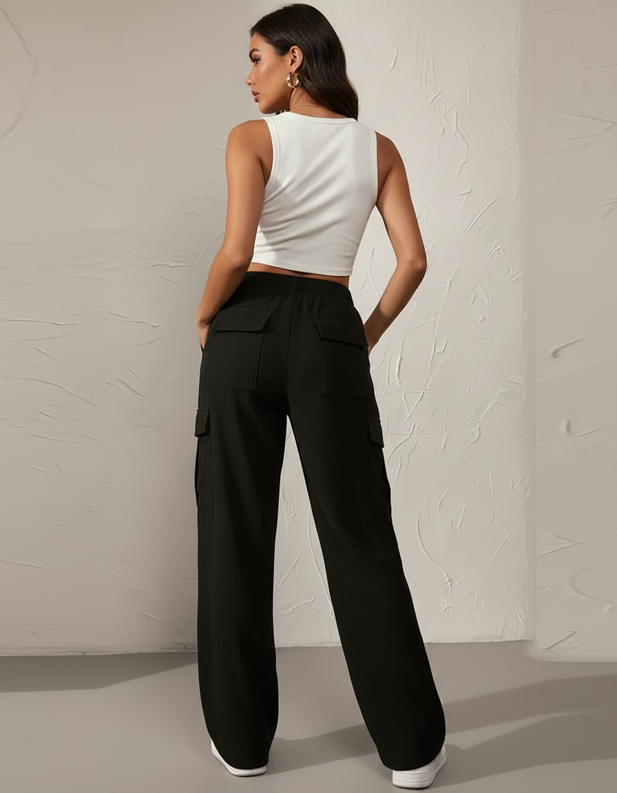 Pantalon Cargo Noir Côtelé Ample Décontracté Femme - Cordé - vue 2