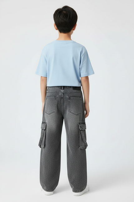 Pantalon Cargo Jean Gris Ample Multipoches Enfant - vue 2