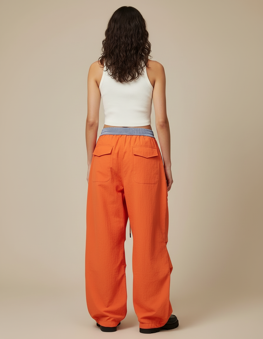 Pantalon Cargo Orange Ample Taille Haute Décontracté - Polyester - vue 2