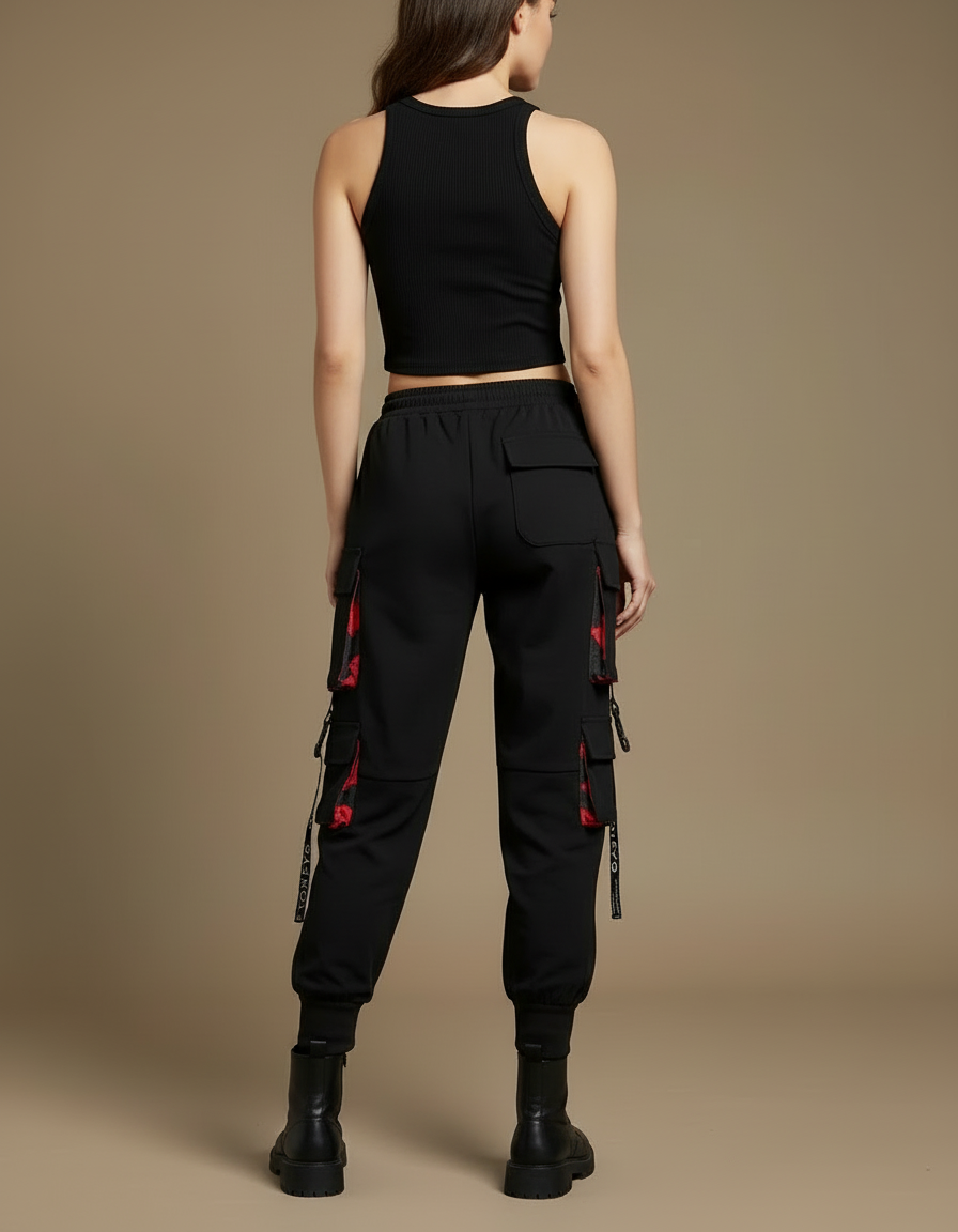 Pantalon Cargo Noir Streetwear Poches Multiples Femme - Molleton - vue 2