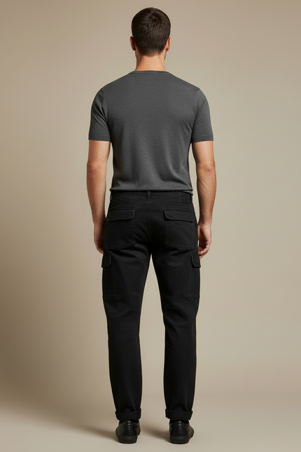 Pantalon Cargo Noir Coton Multipoches Tapered Homme - vue 2