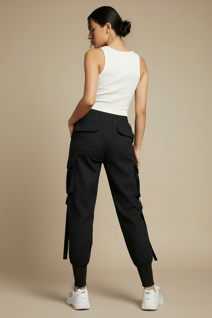 Pantalon Cargo Noir Streetwear Poches Sangles Femme - Polyester - vue 2