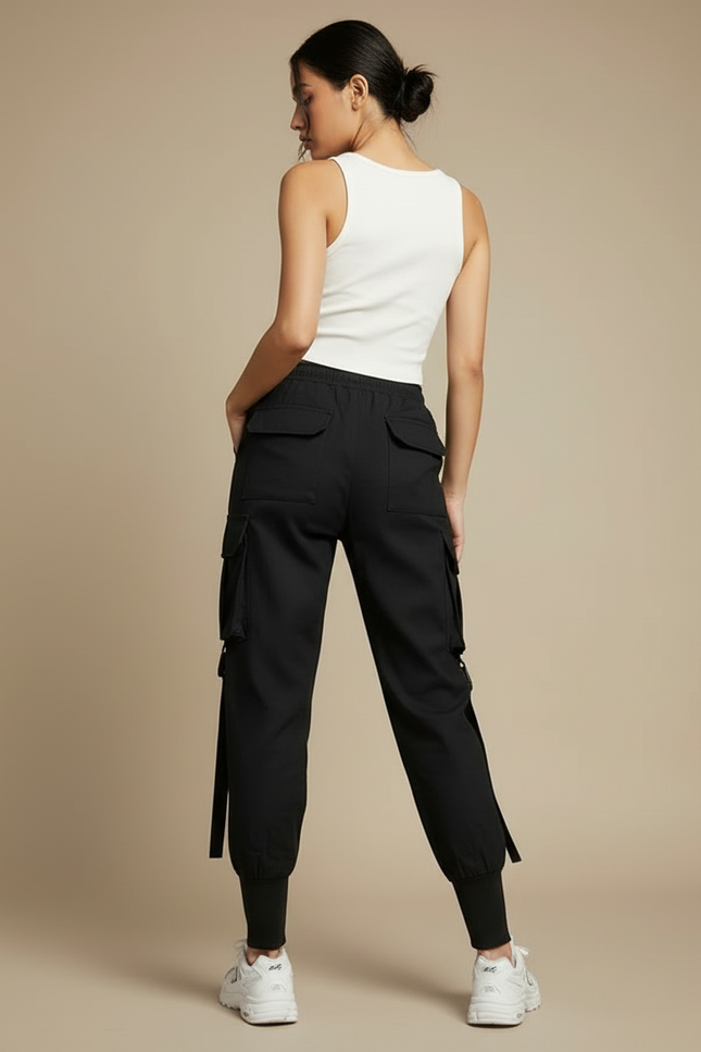 Pantalon Cargo Noir Streetwear Poches Sangles Femme - Polyester - vue 2