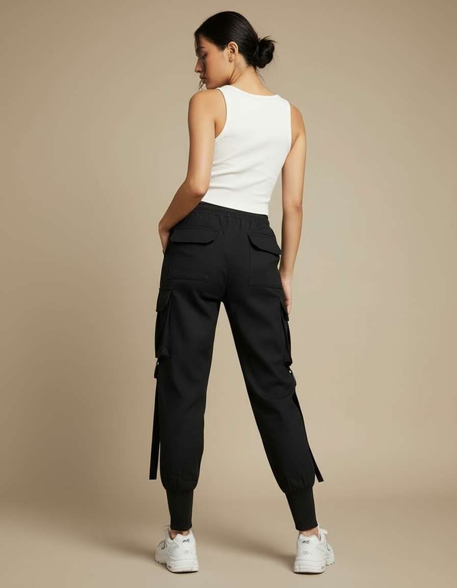 Pantalon Cargo Noir Streetwear Poches Sangles Femme - Polyester - vue 2