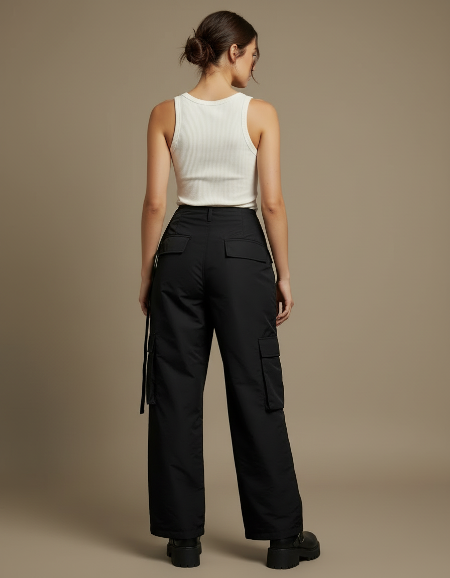 Pantalon Cargo Noir Ample Taille V Femme - Polyester - vue 2