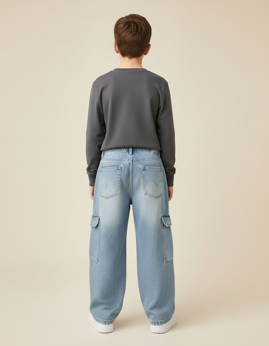Pantalon Cargo Denim Bleu Ample Garçon Multipoches - Jean - vue 2