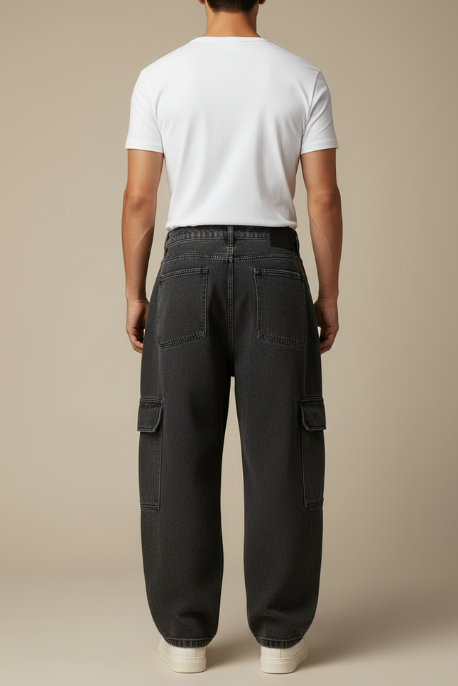 Pantalon Cargo Noir Ample Denim Multipoches Homme - Jean - vue 2