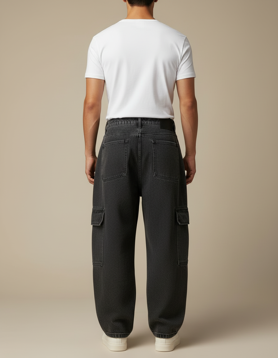 Pantalon Cargo Noir Ample Denim Multipoches Homme - Jean - vue 2
