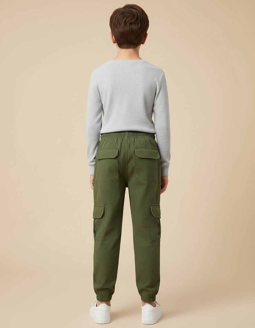 Pantalon Cargo Vert Militaire Harem Multipoches Garçon - Kaki Toile - vue 2
