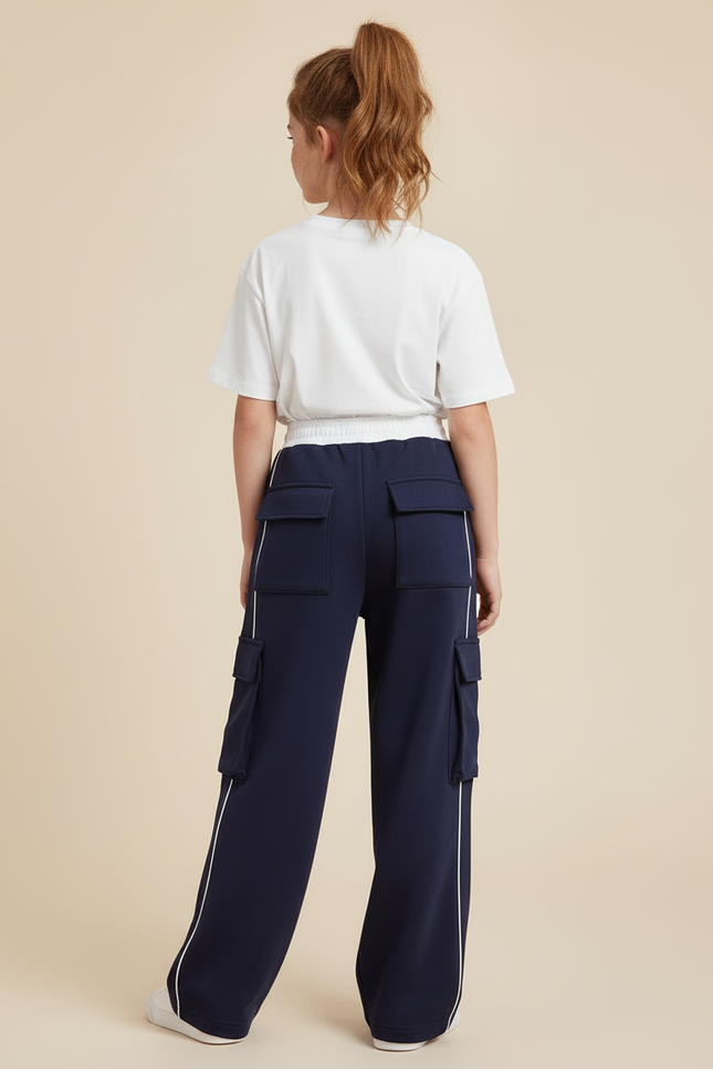 Pantalon Cargo Bleu Marine Ample Multipoches Décontracté Enfant - Molleton - vue 2
