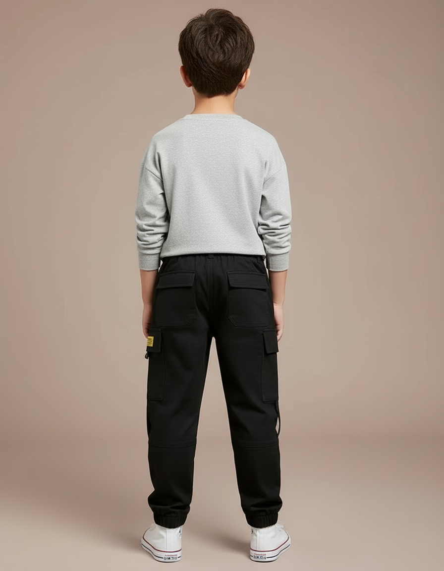 Pantalon Cargo Noir Coton Ample Garçon Décontracté - vue 2