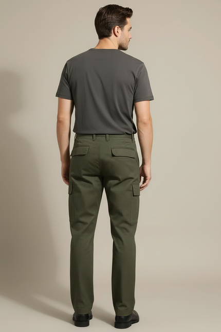 Pantalon Cargo Homme Vert Militaire Coton Ample - Kaki Gabardine - vue 2
