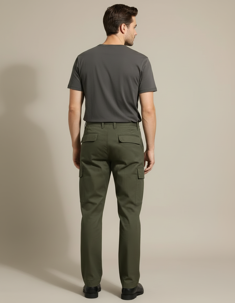 Pantalon Cargo Homme Vert Militaire Coton Ample - Kaki Gabardine - vue 2