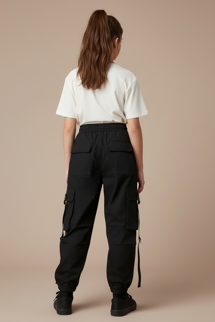 Pantalon Cargo Noir Ample Chaînes Multipoches Fille - Toile - vue 2