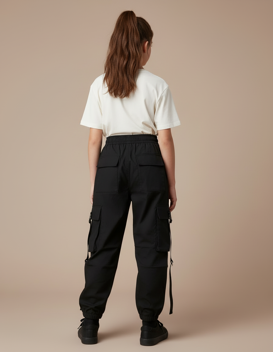 Pantalon Cargo Noir Ample Chaînes Multipoches Fille - Toile - vue 2