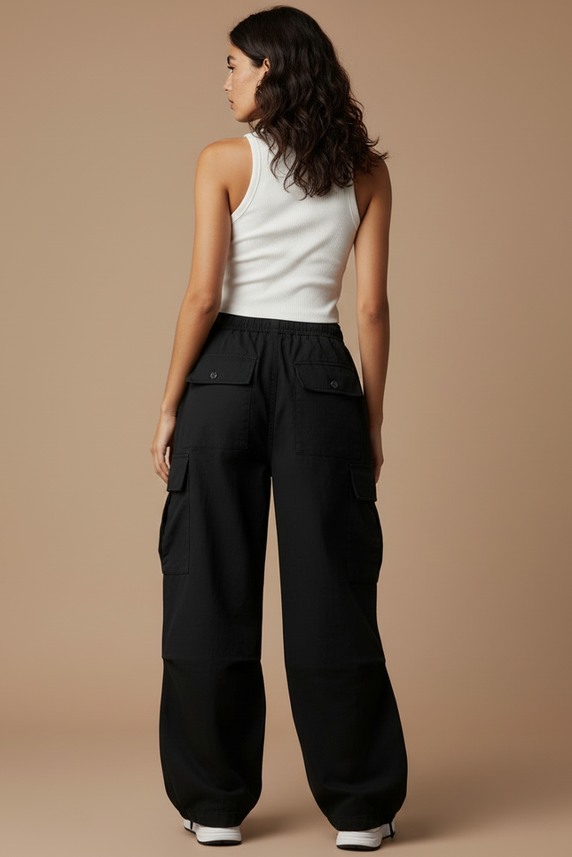 Pantalon Cargo Noir Ample Coton Taille Haute Femme - vue 2