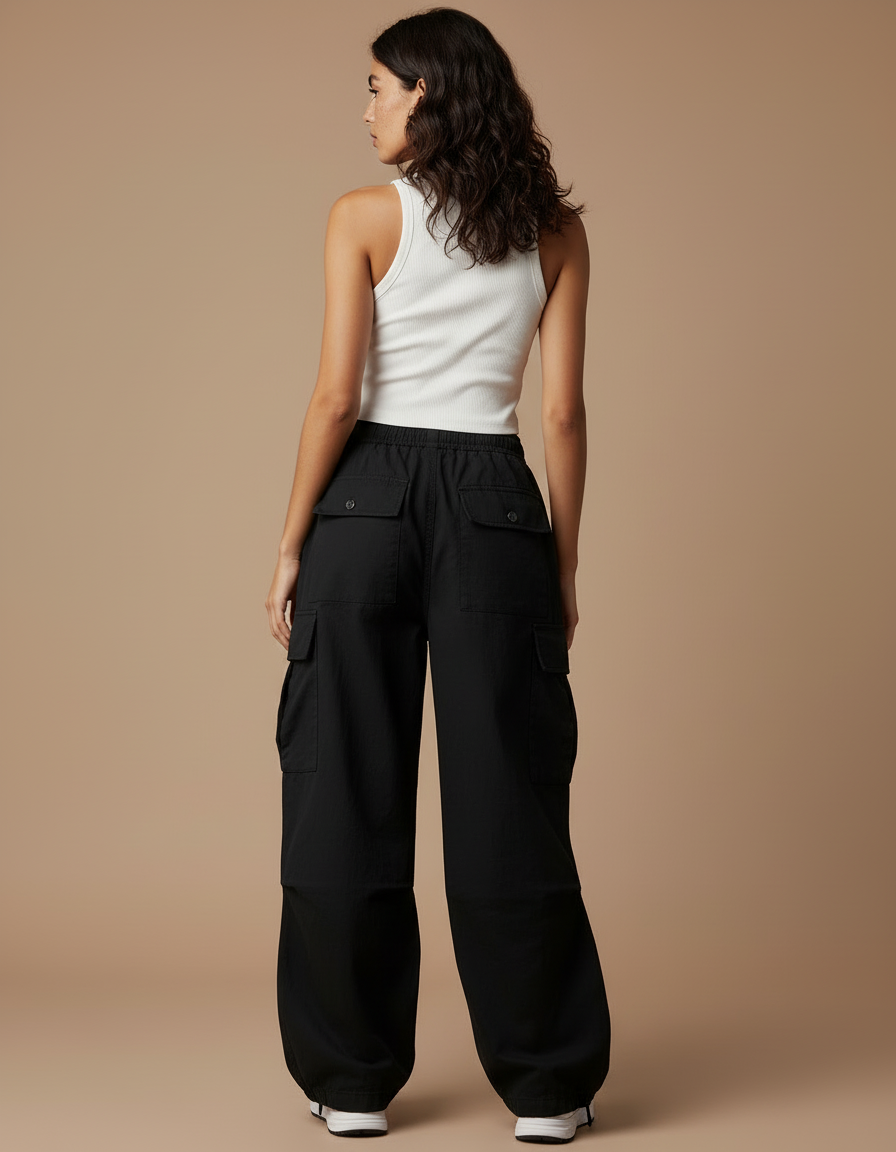 Pantalon Cargo Noir Ample Coton Taille Haute Femme - vue 2