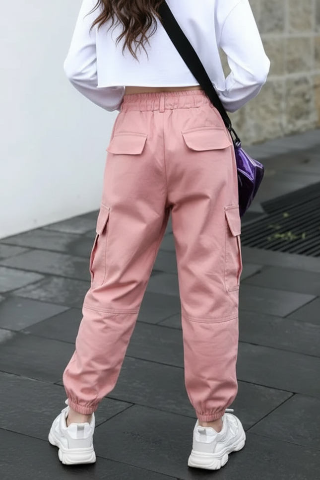 Pantalon Cargo Rose Ample Taille Élastique Enfant - Coton