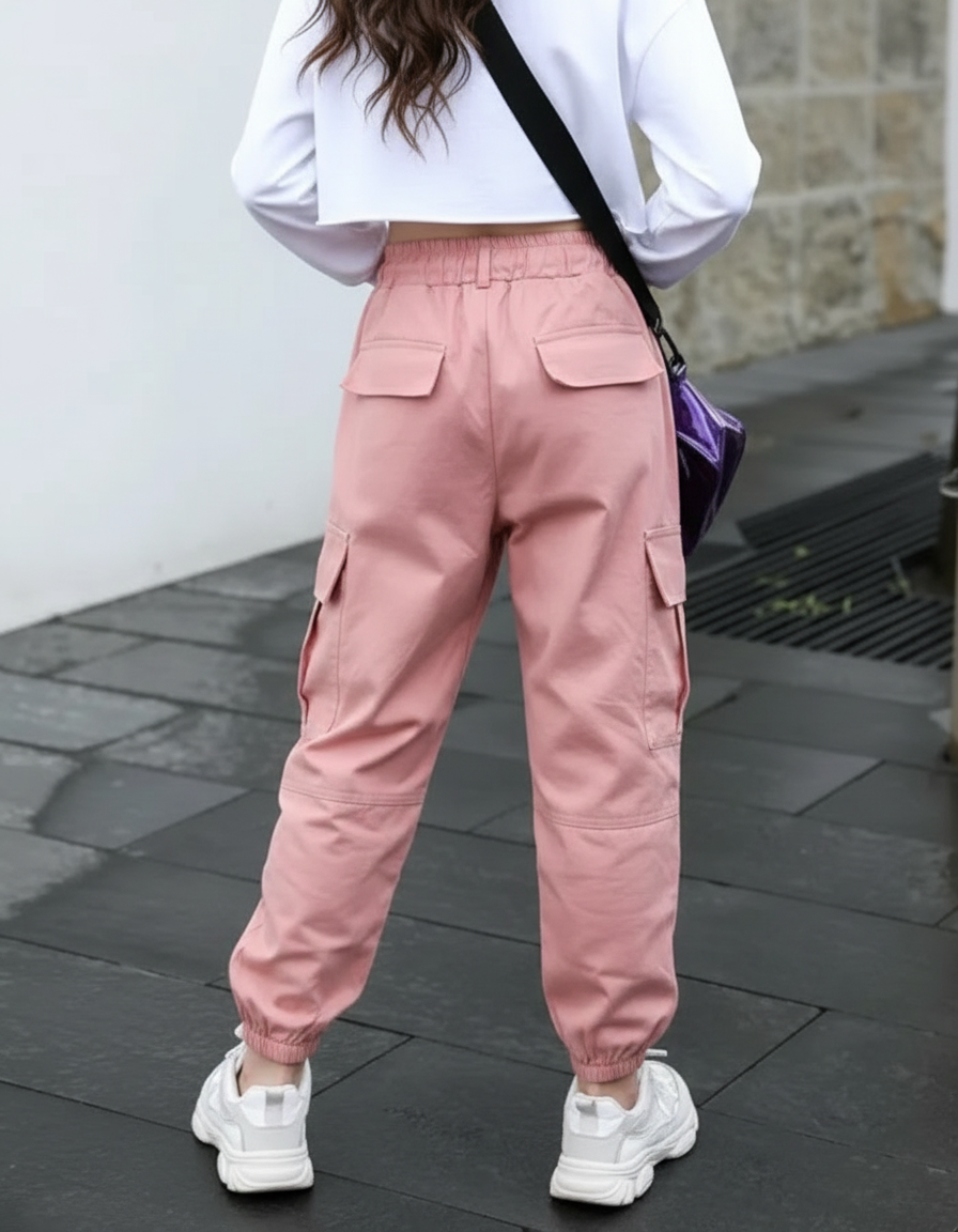Pantalon Cargo Rose Ample Taille Élastique Enfant - Coton