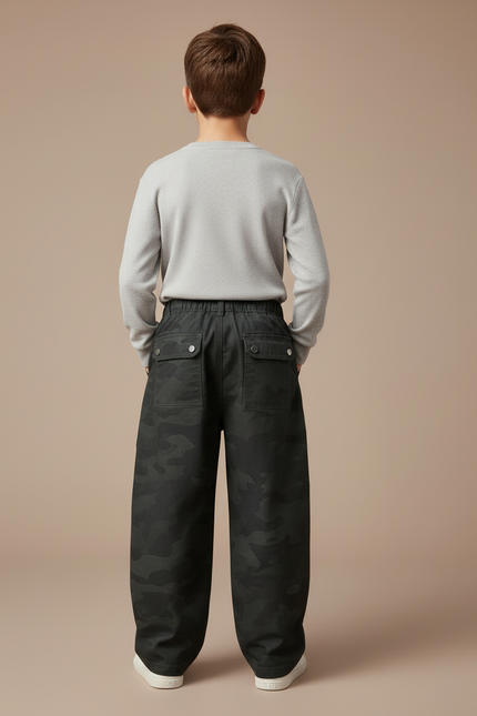 Pantalon Cargo Camouflage Ample Coton Multipoches Garçon - Vert - vue 2