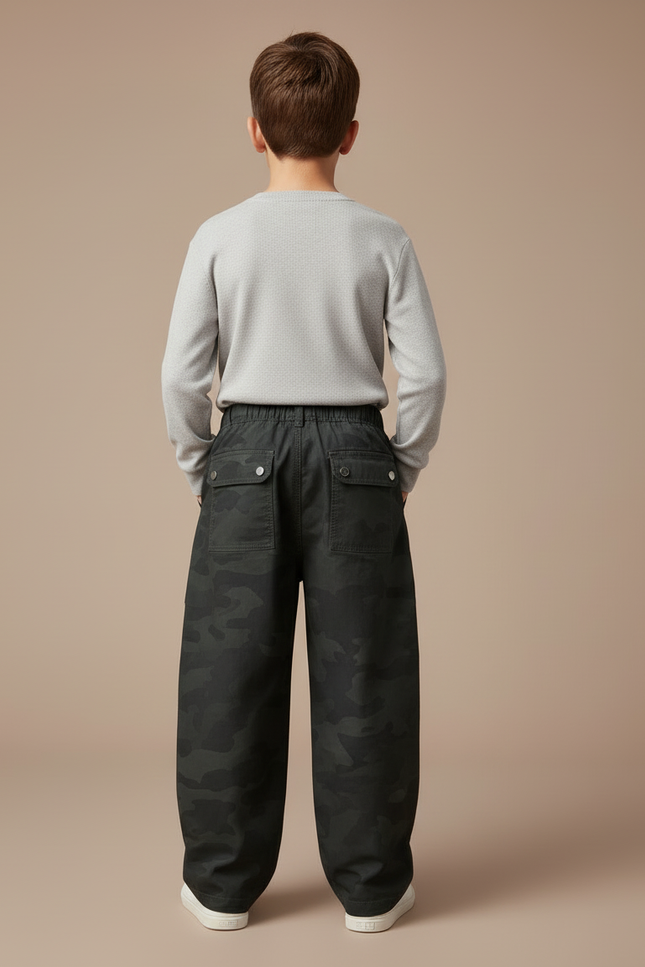 Pantalon Cargo Camouflage Ample Coton Multipoches Garçon - Vert - vue 2