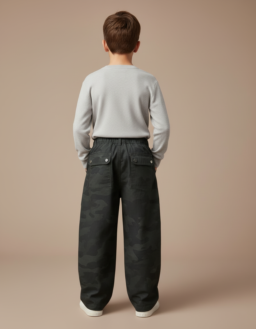 Pantalon Cargo Camouflage Ample Coton Multipoches Garçon - Vert - vue 2