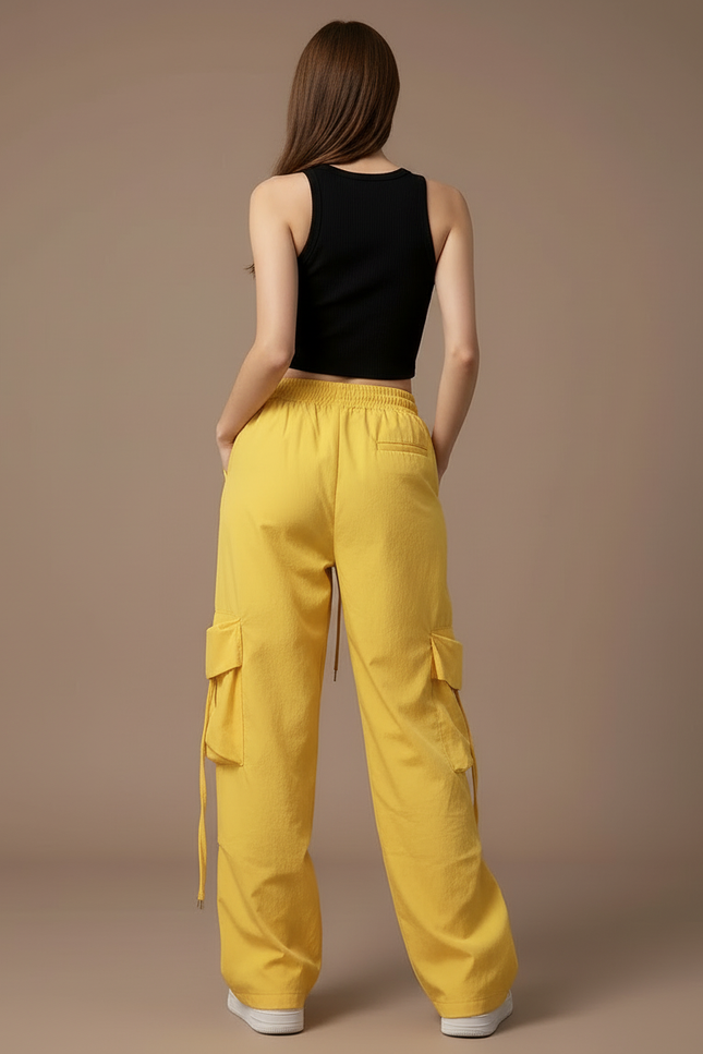 Pantalon Cargo Jaune Ample Taille Haute Streetwear - Toile - vue 2
