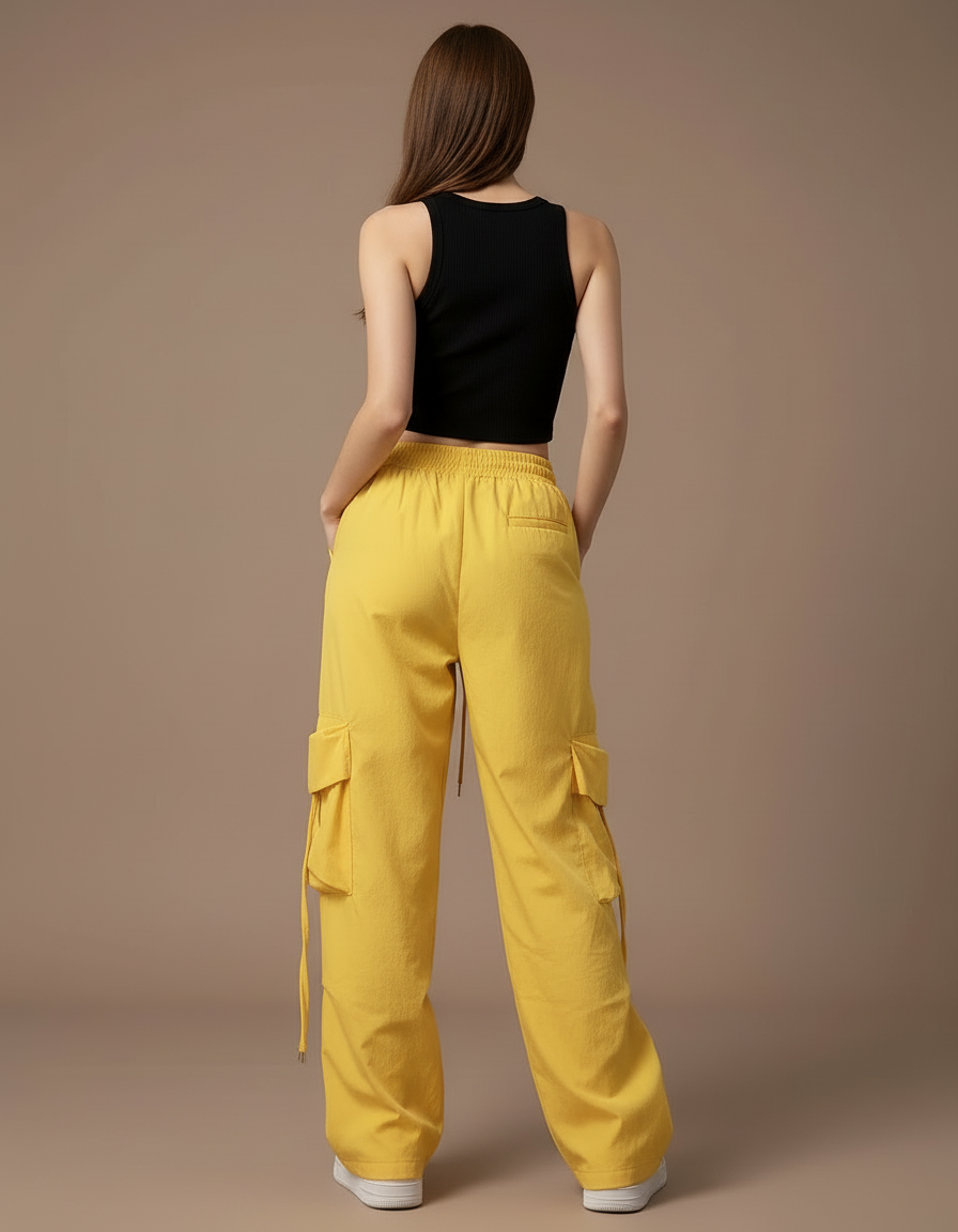 Pantalon Cargo Jaune Ample Taille Haute Streetwear - Toile - vue 2