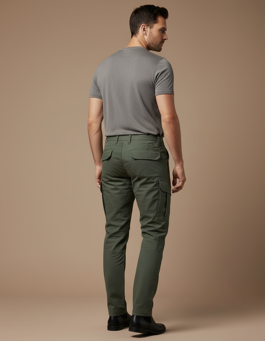 Pantalon Cargo Vert Militaire Homme Coton Multipoches - vue 2