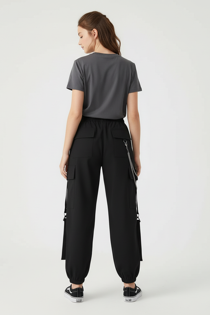 Pantalon Cargo Noir Chaîne Ample Multipoches Fille - Polyester - vue 2