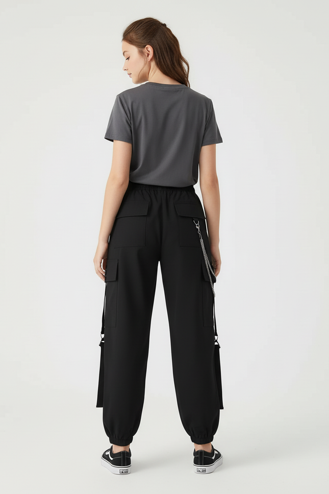 Pantalon Cargo Noir Chaîne Ample Multipoches Fille - Polyester - vue 2