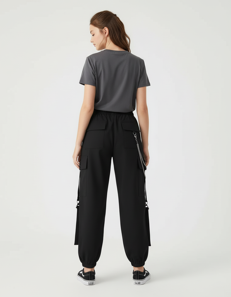 Pantalon Cargo Noir Chaîne Ample Multipoches Fille - Polyester - vue 2