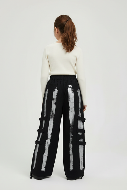 Pantalon Cargo Noir Ample Imprimé Argenté Streetwear Fille - Toile - vue 2