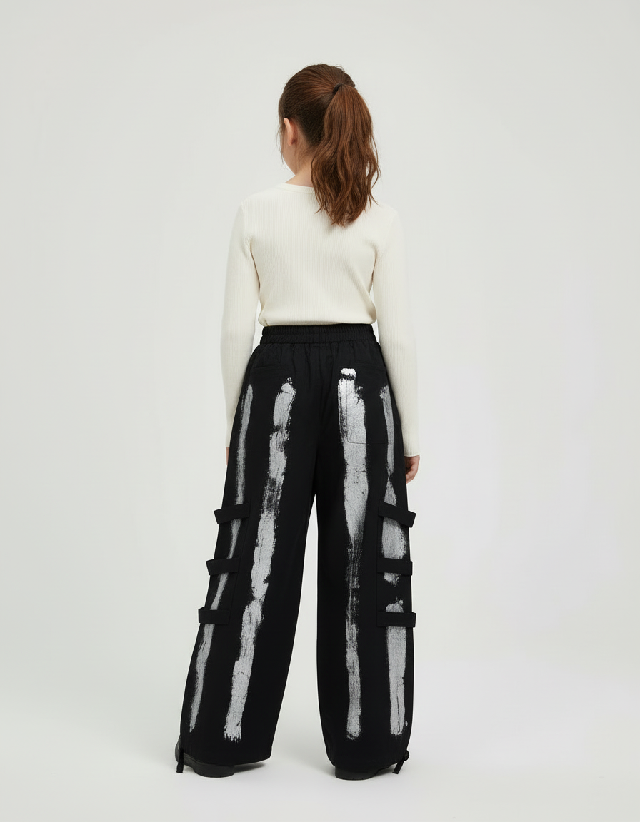 Pantalon Cargo Noir Ample Imprimé Argenté Streetwear Fille - Toile - vue 2