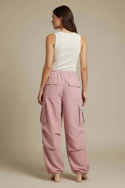 Pantalon Cargo Rose Ample Fluide Poches Femme - Polyester - vue 2