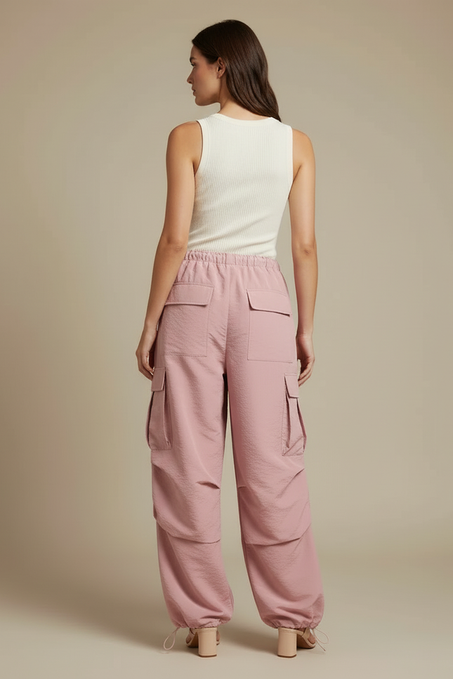 Pantalon Cargo Rose Ample Fluide Poches Femme - Polyester - vue 2