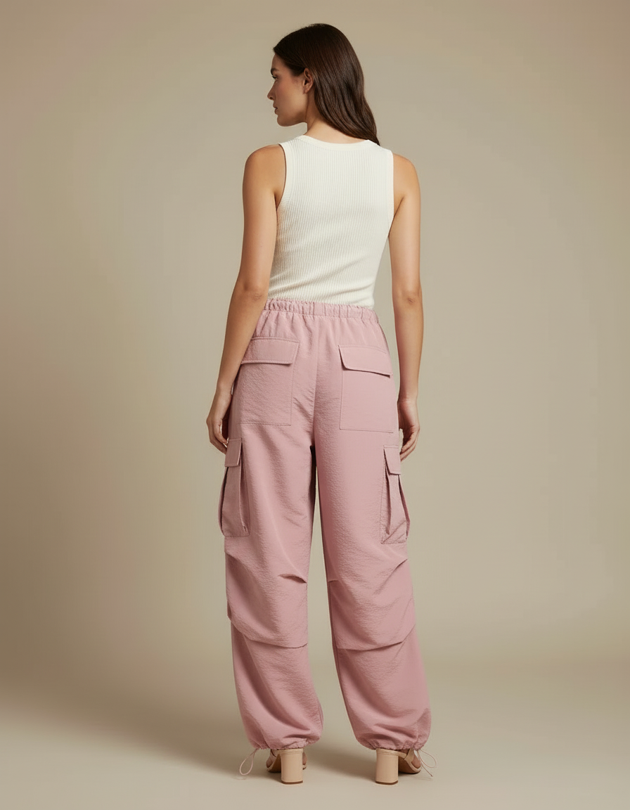 Pantalon Cargo Rose Ample Fluide Poches Femme - Polyester - vue 2