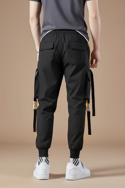 Pantalon Cargo Noir Jaune Coton Multipoches Streetwear Homme - Polyester - vue 2