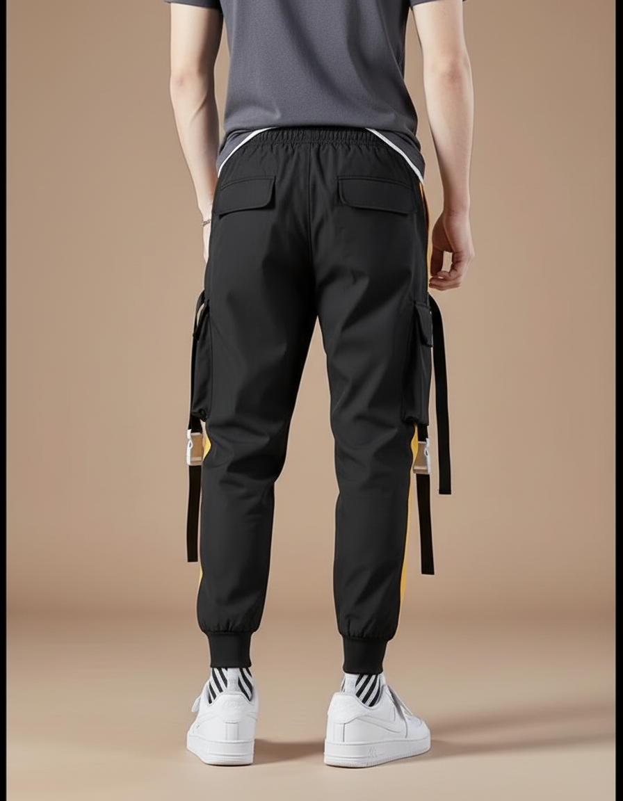 Pantalon Cargo Noir Jaune Coton Multipoches Streetwear Homme - Polyester - vue 2