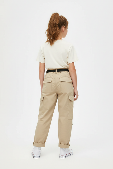 Pantalon Cargo Beige Ample Multipoches Ceinturé Enfant - Gabardine - vue 2