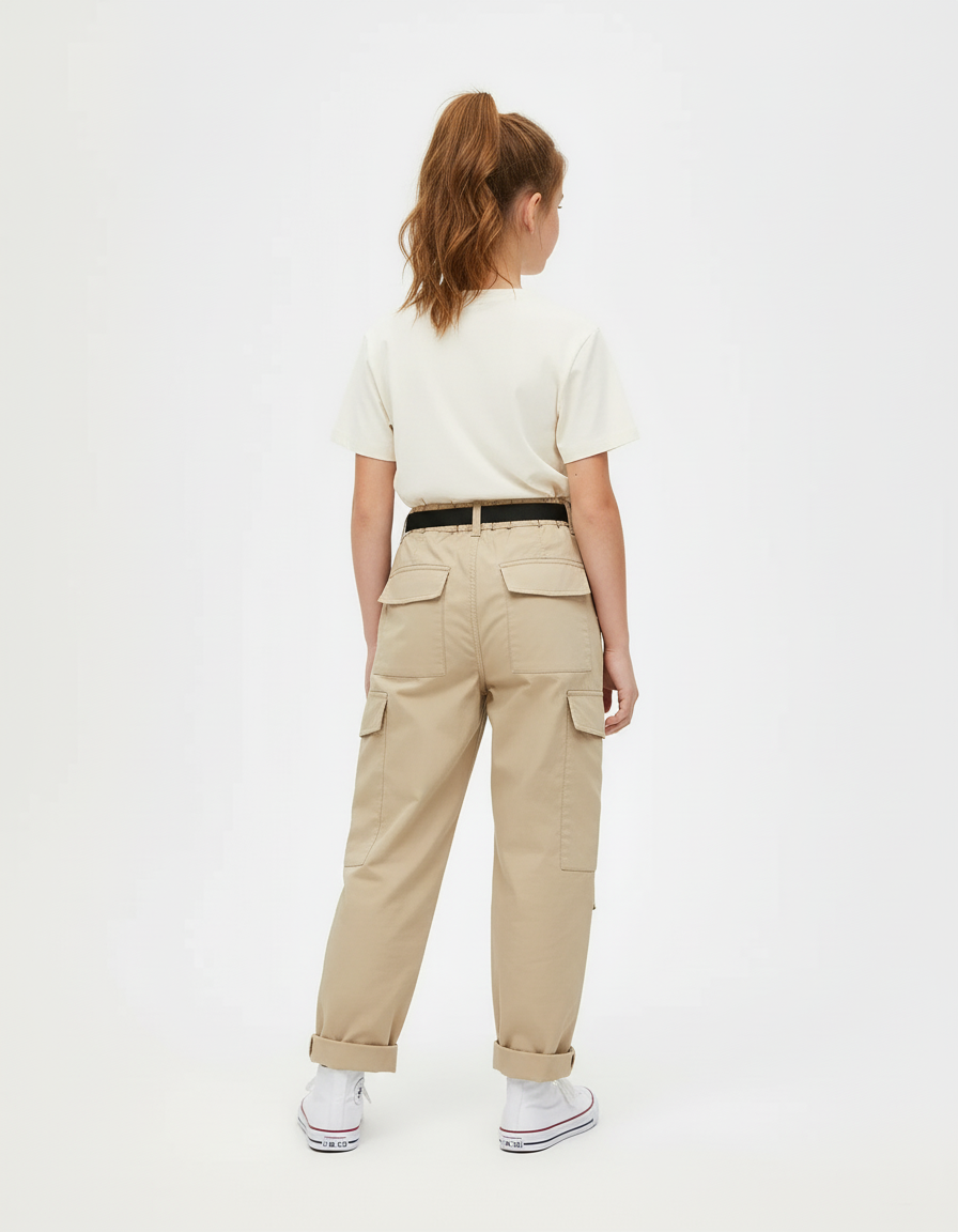 Pantalon Cargo Beige Ample Multipoches Ceinturé Enfant - Gabardine - vue 2
